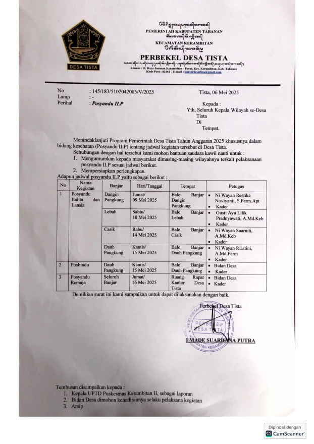 Jadwal ILP Posyandu Bulan Mei Desa Tista